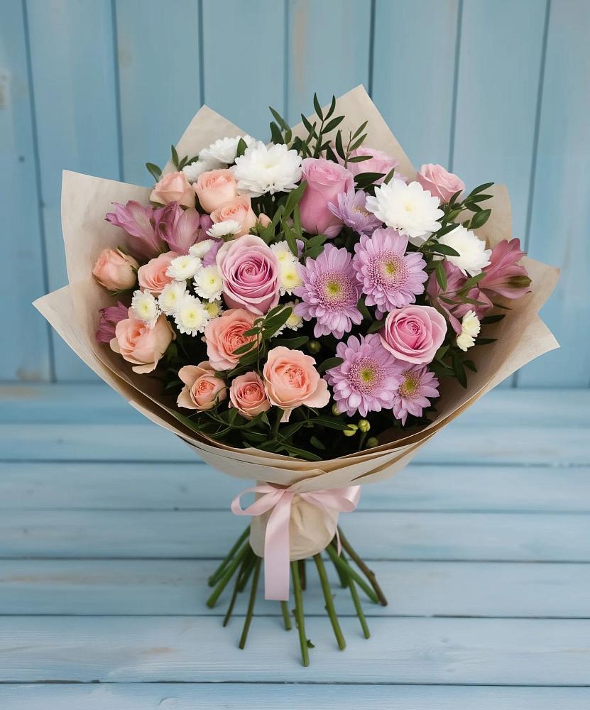 Букет цветов из: Хризантемы, Розы и Альстромерии в Анне
