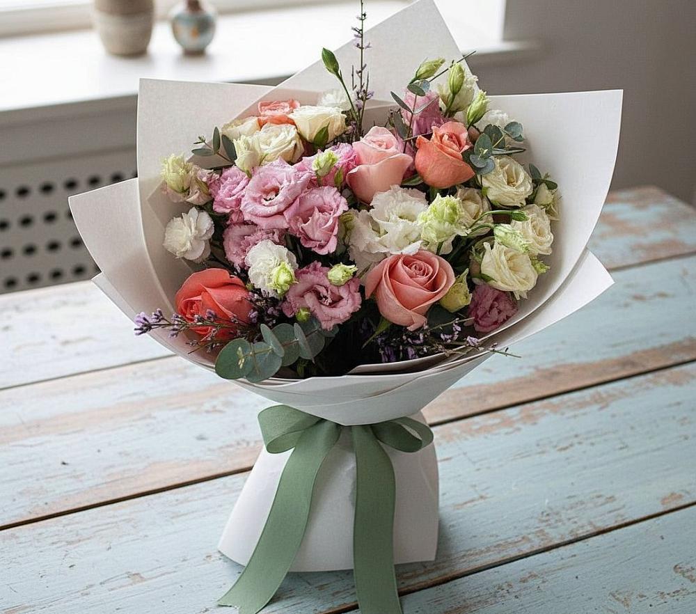 Букет цветов из: Розы, Лизиантусы и Гвоздики в Анне