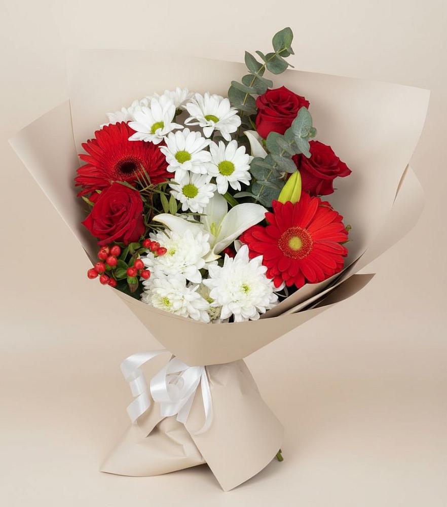 Букет цветов из: Розы, Хризантемы, Герберы и Лилии в Анне