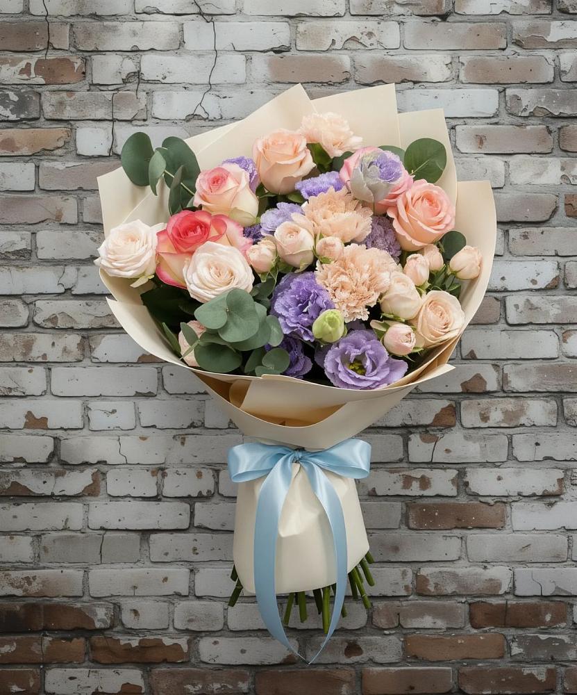 Букет цветов из: Розы, Лизиантусы и Гвоздики в Анне